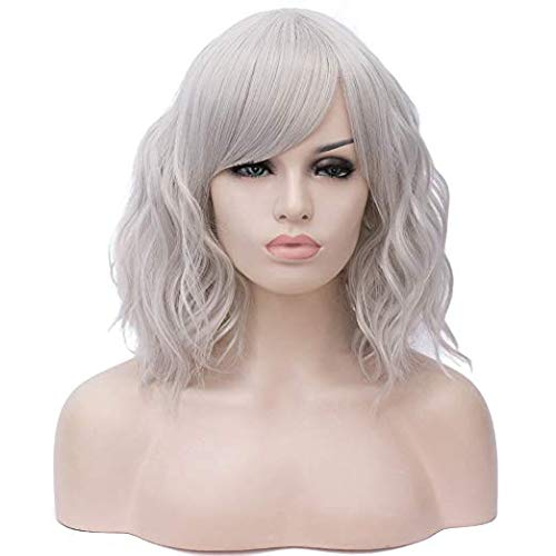 PLUSKER 40cm/15.7inch Women Short Curly Silver Gray Cosplay Wig with Side-Parted Bangs Lolita Style Hair Synthetic Heat Resistant Party Costume Wigs