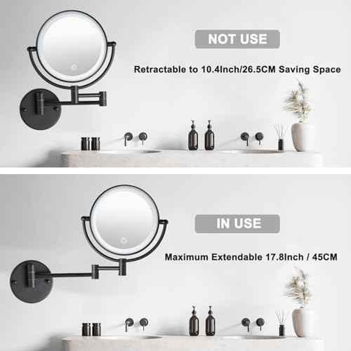 Wall Mounted Makeup Mirror with Lights and 10X Magnification, 8" Rechargeable Double Sided Touch Dimmable Foldable Extended Arm 360 Rotation for Bathroom, Matt Black