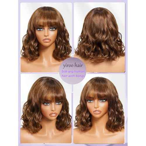 YIROO Bob Wig Human Hair with Bangs,Chestnut Chocolate Brown Highlight Loose Body Wave 4x2 HD Lace Closure Glueless Wig Human Hair Pre Plucked Wear and Go Short Bob Wig for Women 150% Density 12Inch