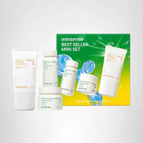 innisfree Hydrate & Protect Mini Set, Korean Serum, Cream & Sunscreen with Green Tea and Hyaluronic Acid, Travel Skincare Trio