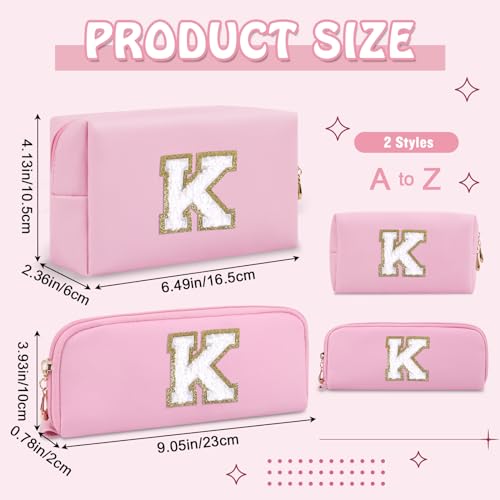 2 Pcs Makeup Bag Personalized Gifts Initial Cosmetic Bag with Small Makeup Brush Bag, Pink Cute Preppy Travel Toiletry Zipper Pouch,Waterproof PU Makeup Organizer Christmas Gifts for Women(Letter K)