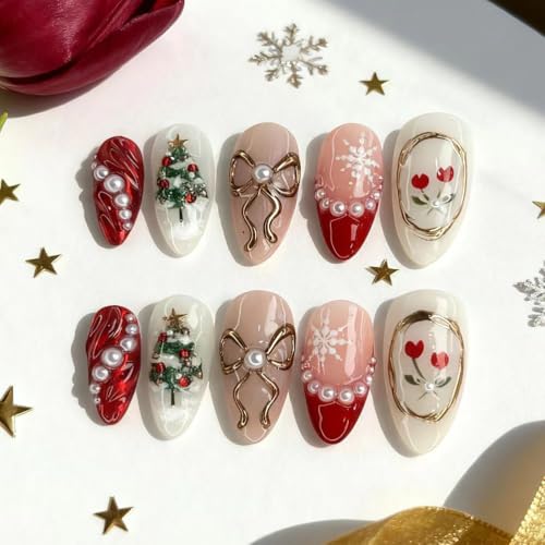 Christmas Press On Nails Medium-Reusable Almond Fake Nails with 3D Bow Pearl Snowflakes Xmas Tree Designs Red French Tips Nails Glitter Winter Xmas Nails Press On for Women Girls,30 Pcs