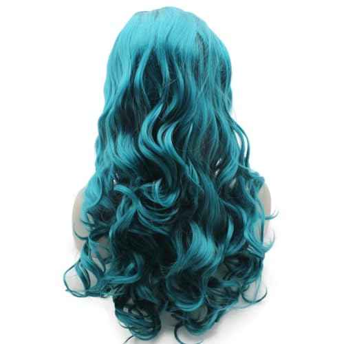 MX angel Long Wavy Ombre Blue Wig Half Hand Tied Synthetic Lace Front Wig Fiber Hair Costume Party Wig