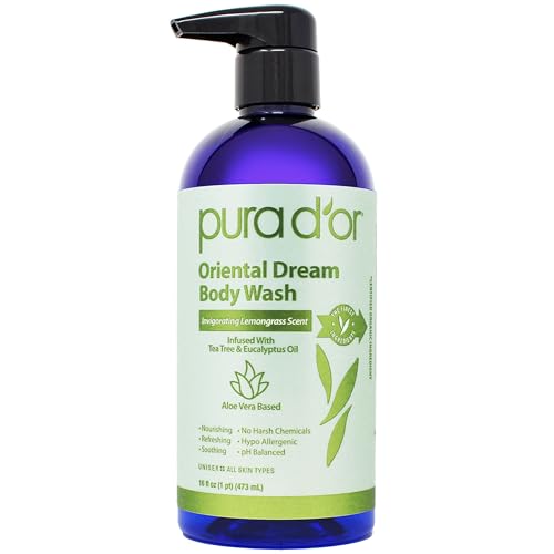 PURA D'OR 16 Oz Oriental Dream Body Wash ? Invigorating Lemongrass Scent ? Aloe Vera Based, Infused with Tea Tree & Eucalyptus Oils ? pH Balanced, Sulfate-Free, Hypoallergenic, Vegan ? For Men & Women
