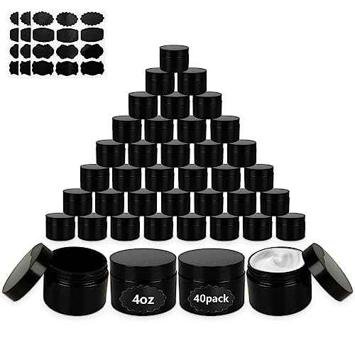 Acrux7 40 Pack 4 oz Black Plastic Jars, Small Round Cosmetic Cream Jars with Lids & Labels, Refillable Plastic Cream Container 120 ml Leak Proof Travel Jars for Creams, Lotion, Body Butter, Body Scrub