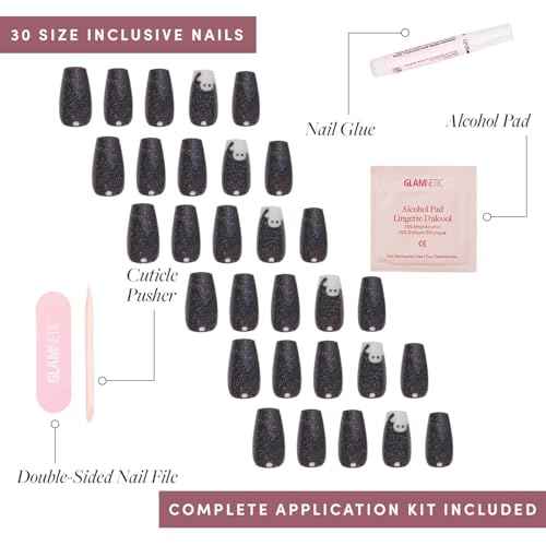 Glamnetic Press On Nails - Phantom Glow | Opaque Black Glitter & Glow-in-the-Dark Ghost Medium Coffin Fake Halloween Nails, Salon Quality | 15 Sizes - 30 Nail Kit