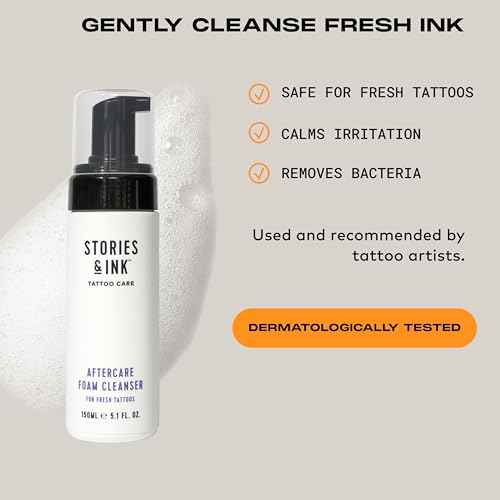 Stories & Ink Tattoo Care | AFTERCARE FOAM CLEANSER for fresh tattoos - For Fresh Tattoos, Soothes Skin, Ultra Gentle Soap, Sulfate Free, Fragrance-free, Vegan & Cruelty-free, 150 mL / 5.1 Fl Oz