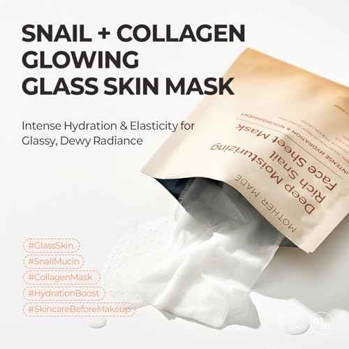 MOTHER MADE Glowing Glass Skin Hydrating Snail Deep Collagen Face Masks Set of 20 EA, with Niacinamide 2%, Vitamin E, Facial Mask for Dry, Sensitive Skin, Self Care, Korean Skincare