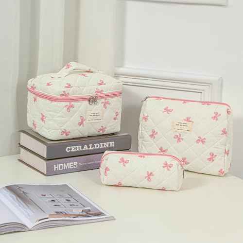 Large Quilted Makeup Bag for Women and Girls, Cute Coquette Floral Cotton Cosmetic Bag, Aesthetic Travel Organized Toiletry Bags (07White Pink Bows)