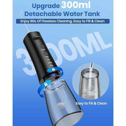 Water Flosser, 300ML Portable Cordless Water Dental Flossers for Teeth Deep Cleaning, IPX7 Waterproof Rechargeable Electric Oral Irrigator Teeth Pick for Travel Home Use and Braces Care (Black)