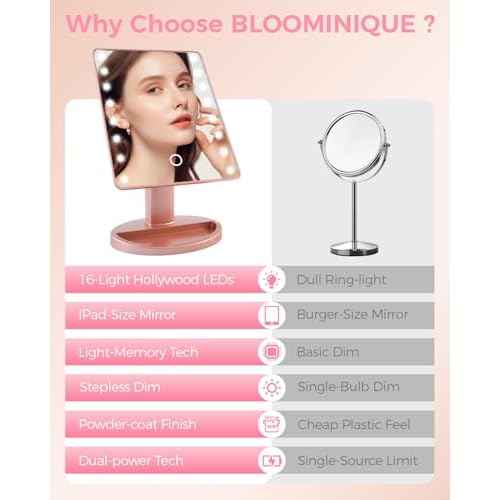 Christmas Lighted Makeup Mirror with Lights, Pink Vanity Mirror with Lights, 16 LEDS Dimmable Desk Mirror, Dual Power Supply, Present Gifts for Teenage Girls, Rose Gold Dorm Room Essentials
