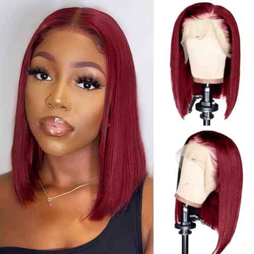 LICHANG 99J Burgundy Bob Wig Human Hair 200 Density 13x4 HD Transparent Straight Lace Front Wigs Human Hair Short Bob Wig Pre Plucked With Baby Hair Natural Hairline Glueless Wig Wine Red 12 Inch