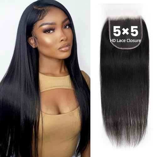 5x5 SKINLIKE 100% Real HD Lace Closure Straight Human Hair Closure 0.095mm Ultra-thin Invisible Swiss HD Lace Closure Pre Plucked Small Single Knots Brazilian Virgin Human Hair Closure 16inch