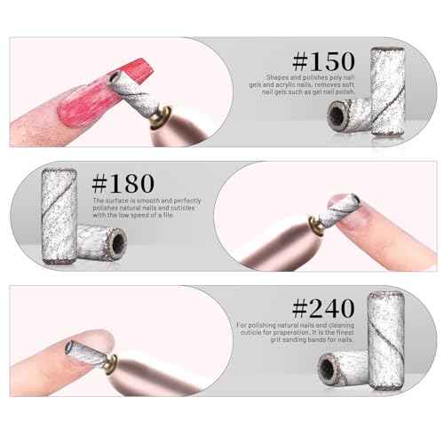 BLESWIN 200Pcs 3mm Small Sanding Bands with 2Pcs Small Mandrel Bit for Nail Drill, Upgrade Mini Nail Sanding Bands for Acrylic Nails Gel Removing Shaping, Manicure Nail Salon Use (240#Pink+180#White)
