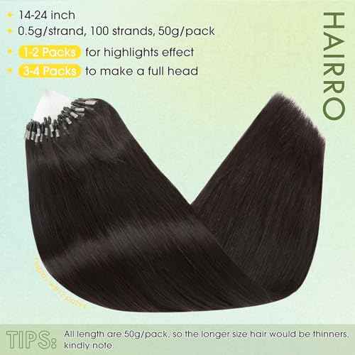 Hairro Microlinks Hair Extensions Human Hair Micro Loop Hairpieces Easy Pre Bonded Cold Fusion Keratin Stick Micro Bead Hair Extension For Women 24 inch 50g 100 Strands #1B Natural Black