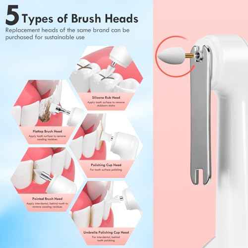 Tooth Polisher, Rechargeable Teeth Polisher for Daily Cleaning, Whitening and Polishing, Electric Dental Teeth Polishing with LED Light, 5 Brush Heads, 5 Speed Modes, Waterproof