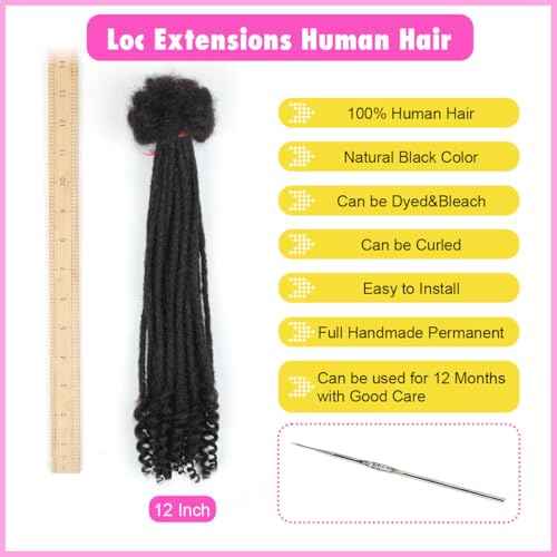 12 inch Loc Extensions Human Hair with Curly Ends, 0.4cm Width Permanent Dreadlock Extension Human Hair 50 Strands Natural Black 100% Full Handmade Dreads .Dyed and Bleached Pre Curled Drealocks