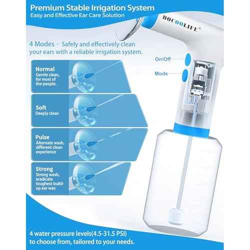 BOCOOLIFE Electric Ear Wax Removal Kit ? Water Flushing Irrigation System Ears Flush Cleaner Powered Cleaning 4 Pressure Settings, Safe & Effective Ear Cleaning for Adults, Includes 5 Tips