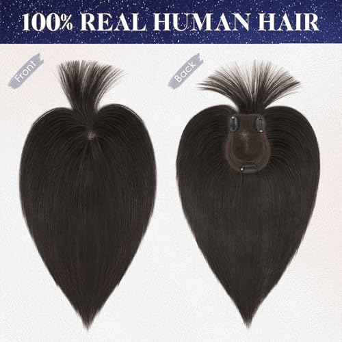 MY-LADY Human Hair Toppers for Women Real Human Hair with Bangs Thin 9 * 12CM Lace Base Clip in Remy Hairpieces Hand-Tied Light Weight 12 Inch Natural Black