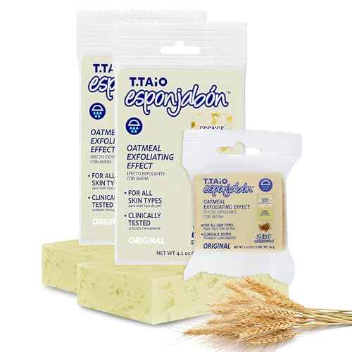 T.Taio Esponjabon Mother of Pearl Soap Sponge - Revitalizing Shower Scrubber for Bath Wash & Oil Removal - Bathroom Essentials with Fresh Scents - Oat with Mini