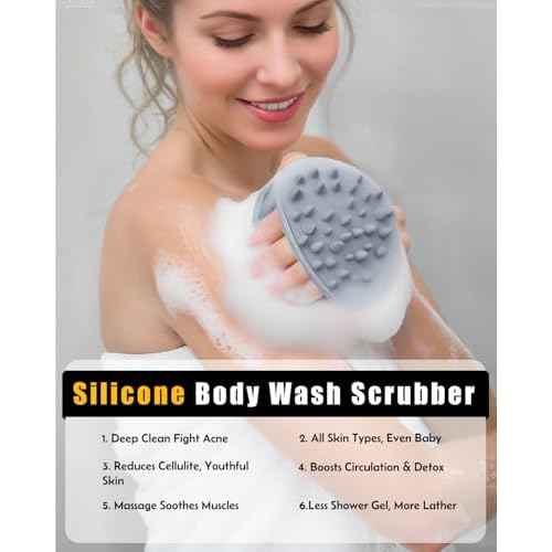 2 in 1 Silicone Body Scrubber, Anti Cellulite Massage Scrubber, Exfoliating Shower Brush for Men & Women, Removes Dead Skin, Reduces Cellulite, Improves Circulation, Fast Dry, Non Slip (1PC, Grey)
