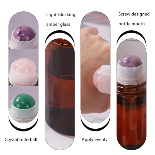 2 pack Large Amber Glass Roll on Bottles for Essential Oils Perfume Refillable Roller Ball Applicator Empty Deodorant Containers with Purple Crystal Rollerball