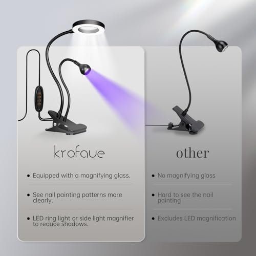 krofaue Dual-Headed UV Nail Lamp with 6¡¿ Magnifier, 3W Adjustable Flash Cure Lamp for Gel Nails Desk Clip on Nail Light for Home and Salon DIY