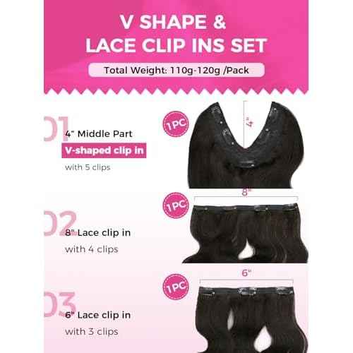 Lashey V Shape Invisible Clip in & Lace Clip in Hair Extensions Human Hair, 18 Inch 120g Set (1 V-Shaped + 2pcs Lace Clip ins), Natural Black Body Wave No Leave Out Hair Extension for Women