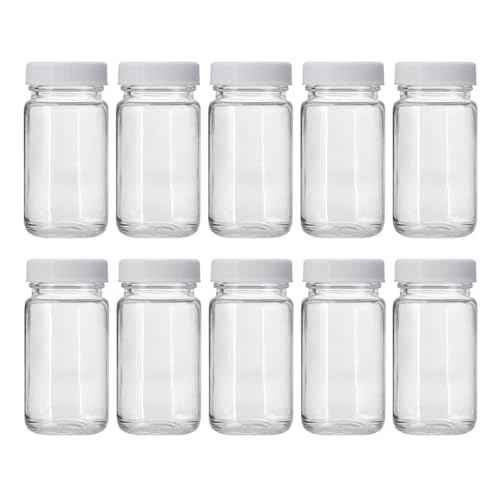 10 Pack 2 oz Wide Mouth Glass Shot Bottles with Caps,60ml Clear Round Small Glass Ginger Shot Bottle With Lids, Mini Travel Essential Bottles for DIY Juice,Potion,Whiskey and Other Drinks