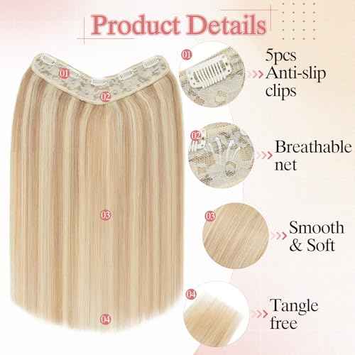 One Pieces Clip in Hair Extensions Human Hair Upgraded V-Shaped 5 Clips in Hair Extensions Human Hair Long One Piece Hairpiece for Women,16 Inch,#18P613 Gold Blonde Mixed Bleach Blonde,65g
