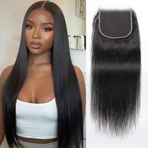 5x5 HD Lace Closure Brazilian Virgin Human Hair Straight 20 Inch Natural Black Single Knot Invisible Pre-Plucked Ultra-Thin Lace Part Closure for Black Women