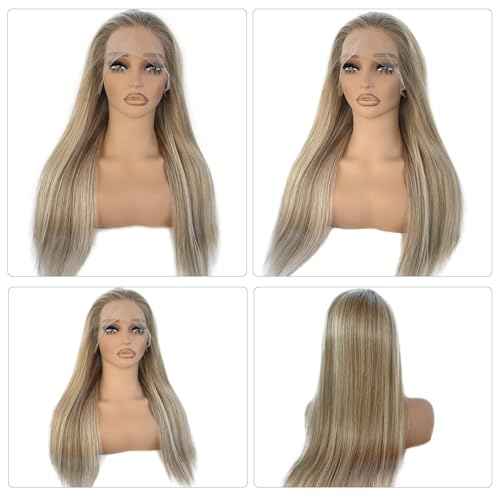 Highlight 13x4 HD Lace Front Wig Human Hair 22 Inch Balayage Ash Brown to Beige Blonde to Platinum Blonde Human Hair Lace Frontal Wig for White Women Glueless Wigs 180% Density Colored Remy Hair Wigs