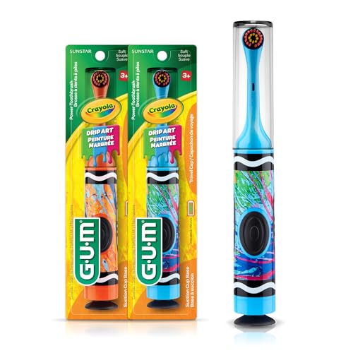 GUM Crayola Drip Art Kids Power Toothbrush, Extra Soft Toddler Toothbrushes, Battery Powered, Travel Cap, Suction Cup Base, Ages 3+, Batteries Included, 2 Pack
