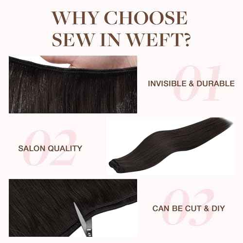 GOO GOO Sew in Hair Extensions Real Human Hair, Weft Hair Extensions Human Hair, 2 Dark Brown 20inch 105g, Weft Bundles Straight Silky Remy Hair