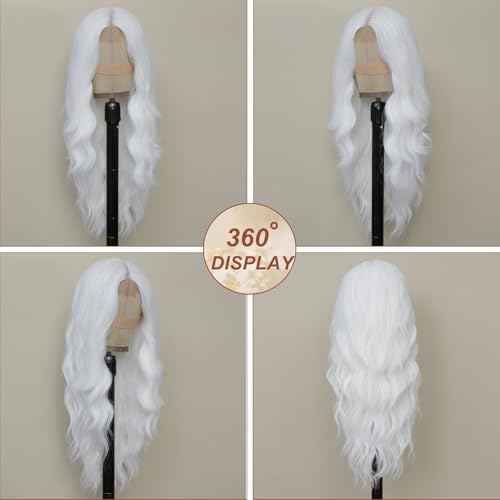 White Wig for Women, Long White Wavy Wig Middle Part 26 Inch Heat Resistant Synthetic Wigs for Daily Party Use