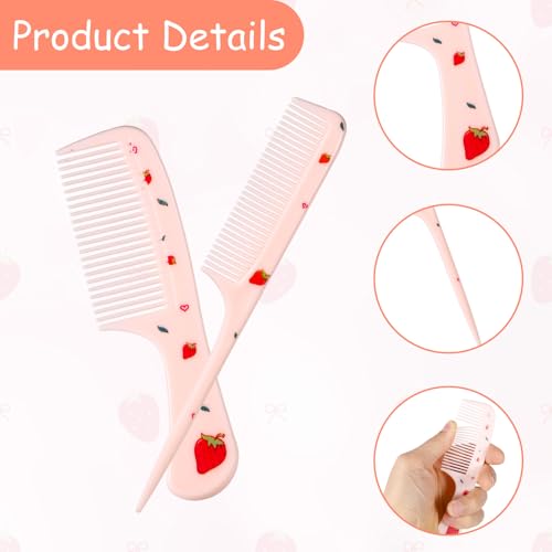 2pcs Cute Hair Comb Set, Pink Strawberry Baby Comb Fine Tooth Comb & Rat Tail Comb Toddler Tiny Hair Comb Small Girls Comb Plastic Mini Kids Comb Hair Parting Comb for Women Girls Kids All Hair Types