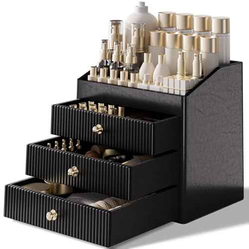 Cosmetic Organizer,Luxury Make up Organizer with 3 shelf Drawers,Black Large Capacity Makeup Organizers for Skincare,Brushes, Dresser,Bedroom,Bathroom,Gifts for Her,Birthday Gifts for Mom