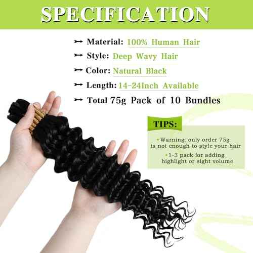 Human Braiding Hair for Boho Braids 75g 24 Inch Deep Water Wave Bulk Human Hair for Braiding No Weft 12A Boho Curly Human Hair for Braiding 10 Bundles/Pack Natural Color