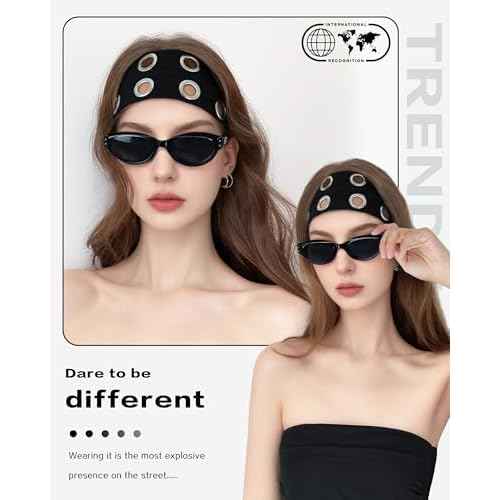 Grommet Headband for Women, Wide Black 20cm Hollow Out Elastic Hair Band, Eyelets Punk Grunge Stylish Hairband