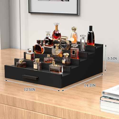 Zalida Wooden Cologne Organizer for Men 5 Tier of Perfume Display Holder of Drawer & 2 Hidden Compartments Larger Storage Space Mens Perfume Organizer Shelf Stand ,Gift for Man (5T-Black)