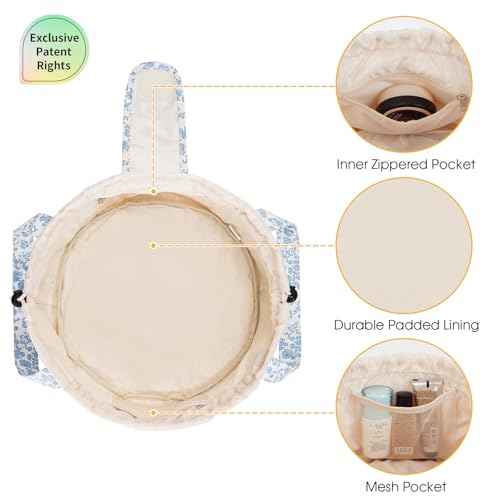 Narwey Barrel Drawstring Makeup Bag Large Floral Cosmetic Bag Make up Bags Toiletry Bag Travel Bags for Toiletries Organizer for Women Gift for Teen Girls (Little Blue Flower) (Patent)
