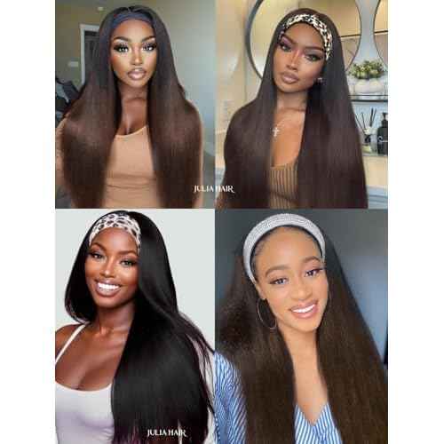 Julia Hair 12A Headband Wig Human Hair Yaki Straight Glueless None Lace Half Wig With Pre-attached Scarf Ombre Chestnut Brown Highlight With Dark Roots for Black Women Put on and Go 22 Inch