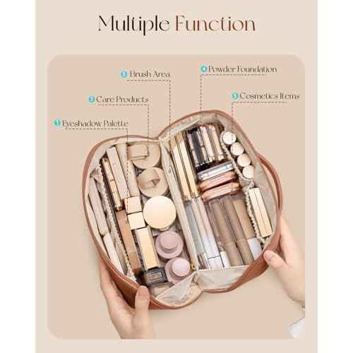 Vlando Makeup Bag,Large Capacity Travel Toiletry Bag,Cosmetic Bags for Women PU Leather Waterproof Portable Pouch with Divider & Handle-Brown