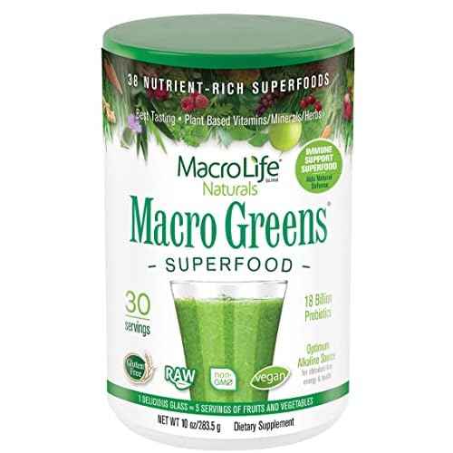 MacroLife Macro Greens Powder 38 Superfood Probiotics Antioxidants Digestive Enzymes & Adaptogen Supplement - Daily Super Green Juice & Smoothie Mix - Non-GMO Vegan Gluten-Free - 10oz (30 Servings)