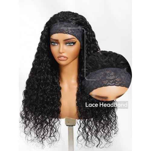 Nadula Water Wave Headband Wig Human Hair with Drawstring ? Glueless HookFit Wet and Wavy Half Wig Beginner Friendly, Ready to Wear Clip in Half Wigs for Women Natural Black Color 16inch