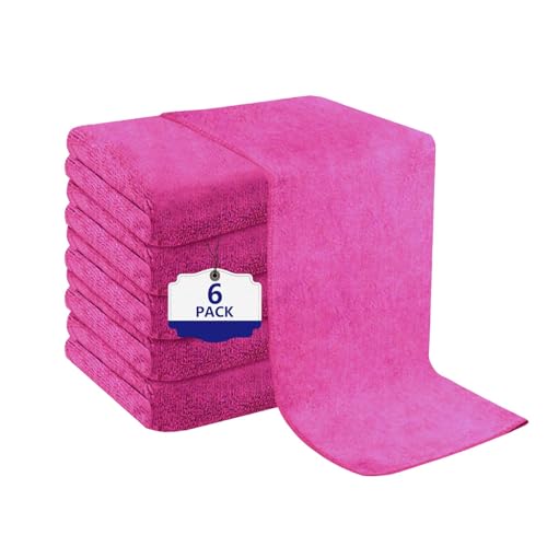 Pink Salon Towels, Super Soft and Absorbent Microfiber Hair Towel for Salon, Bath, Spa, Pool and Home, 27 inch X 16 inch (Pink - 6 Pack)