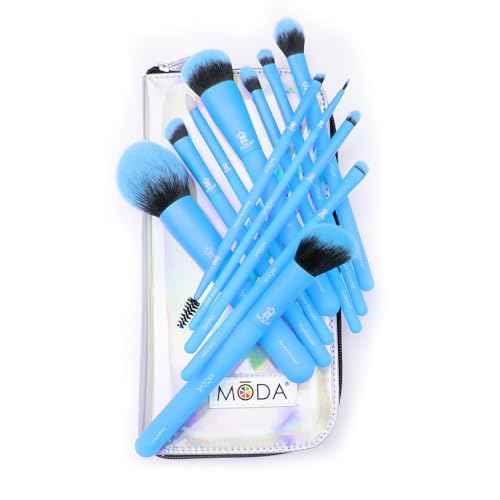 MODA Totally Electric Neon Blue Full Face Makeup Brush Kit ? 13pc Vibrant Brush Set for Face & Eyes with Zip Case