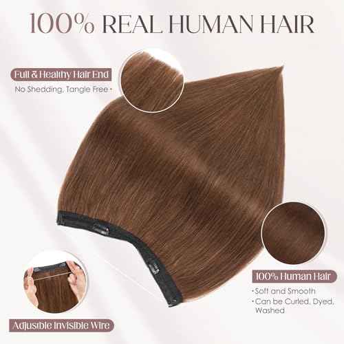 Elailite Halo Hair Extensions Real Human Hair for Women Medium Brown Clip in Remy Hairpiece with Adjustable Invisible Wire 14 Inch 60G