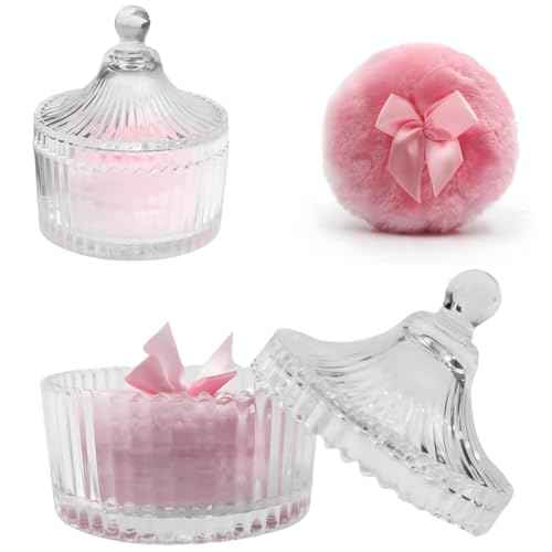 2 Pcs Large Body Powder Puff and Container Powder Container with Puff Crystal Case Soft Washable Reusable Velour Face Body Glitter Wet Dry Makeup (Pink)