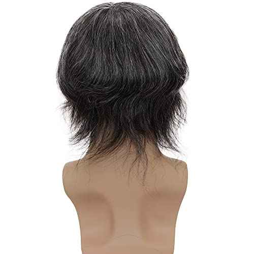Mens Wigs Toupee for Men European Virgin Human Hair Weave Unit for Man Toupee Mono Lace Top Skin PU Men Hair Replacement System Mens Hairpiece (1B Mixed 30% Grey White Hair)